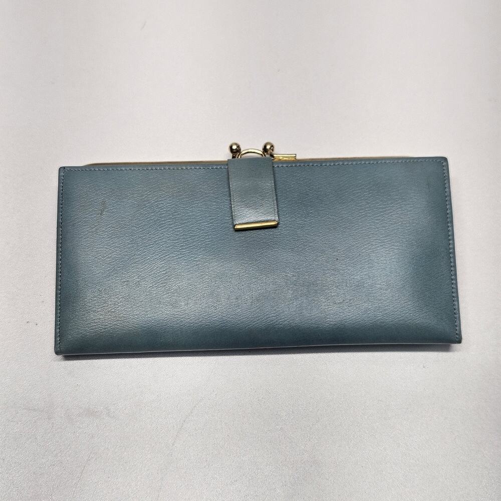 Vintage 50/60 Mid-Century Genuine Cowhide Blue Biofold Kiss Loc Wallet Gold Tone